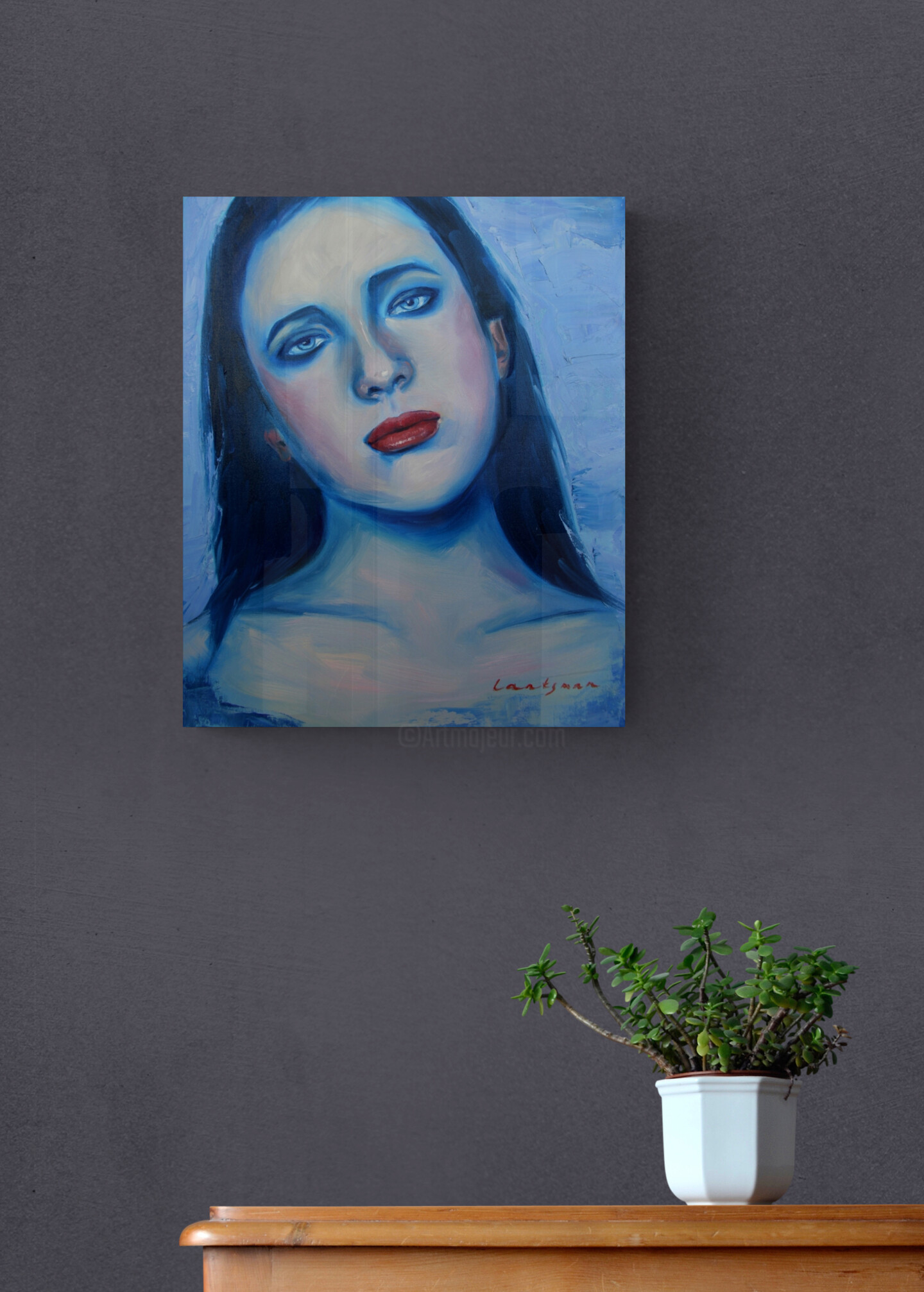 Neon Girl Portrait In Blue Colors, Painting by Jane Lantsman