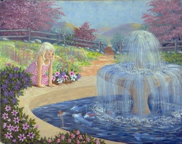 Fountain Koi, Painting by Lois Smith | ArtMajeur