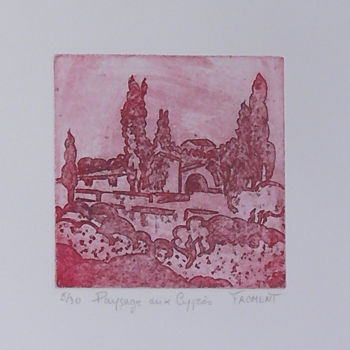 Printmaking titled "PAYSAGE AUX CYPRES…" by Michèle Froment, Original Artwork, Engraving