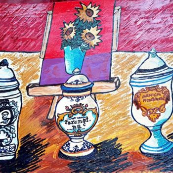 Painting titled "3 ALBARELOS Y 3 GIR…" by Maria Izquierdo, Original Artwork, Acrylic