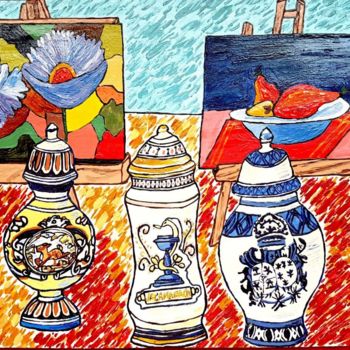 Painting titled "FLORES, ALBARELOS Y…" by Maria Izquierdo, Original Artwork, Acrylic