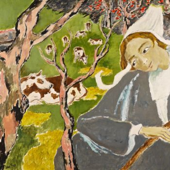 Peinture intitulée "Bretonne aux vaches" par Dominique Bertrand, Œuvre d'art originale, Huile