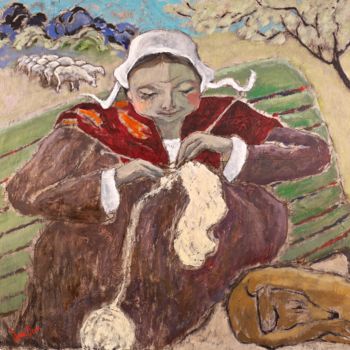 Peinture intitulée "La tricoteuse" par Dominique Bertrand, Œuvre d'art originale, Huile