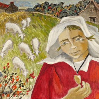 Peinture intitulée "Bretonne aux moutons" par Dominique Bertrand, Œuvre d'art originale, Huile