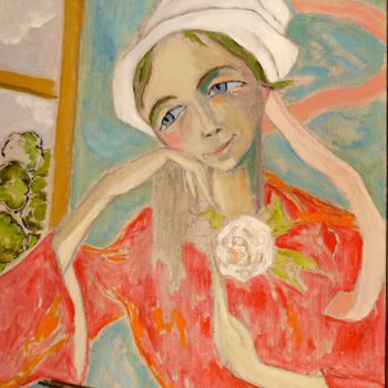 Peinture intitulée "Bretonne à la rose" par Dominique Bertrand, Œuvre d'art originale, Huile