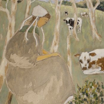 Peinture intitulée "Bretonne et la vache" par Dominique Bertrand, Œuvre d'art originale, Huile