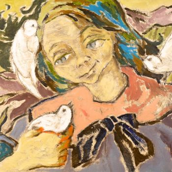 Schilderij getiteld "L'enfant aux colomb…" door Dominique Bertrand, Origineel Kunstwerk, Olie