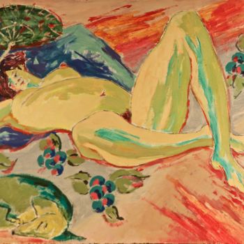 Peinture intitulée "Nu à l'éventail, av…" par Dominique Bertrand, Œuvre d'art originale, Huile