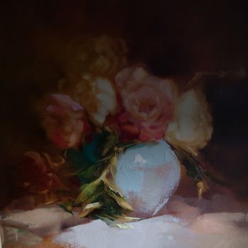 Painting titled "zilā vāze" by Sanda Malniece, Original Artwork, Oil