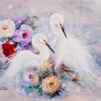 Painting titled "white heron" by Elena, Original Artwork, Oil