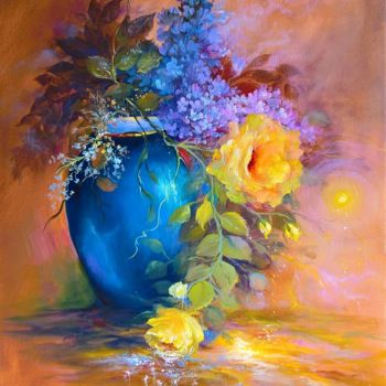 Painting titled "lilac in blue vase" by Elena, Original Artwork, Oil