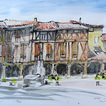 Peinture intitulée "Lautrec  Place Cent…" par Anne-Marie Mary, Œuvre d'art originale, Aquarelle