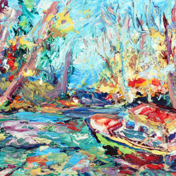 Painting titled "Boat on the river" by Zoran Andrić, Original Artwork, Oil