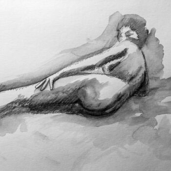 Dessin intitulée "Nu couché main sur…" par Alliet-Delacroix, Œuvre d'art originale
