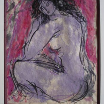 Peinture intitulée "nu bleu sur fond ro…" par Ioana, Œuvre d'art originale, Gouache