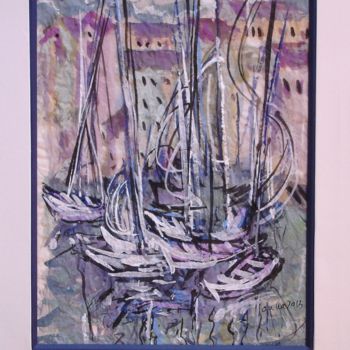 Peinture intitulée "port, en blanc et m…" par Ioana, Œuvre d'art originale, Gouache Monté sur Panneau de bois