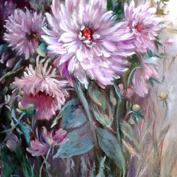 Pintura intitulada "Les dahlias du mois…" por Chrispaint-Flowers, Obras de arte originais, Óleo