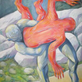Painting titled "wrestlers - lutteurs" by Bernard Marie Collet, Original Artwork, Oil