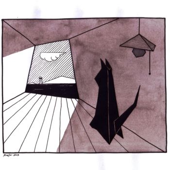 Painting titled "CAT IN THE SHADE LO…" by Miguel Esquivel Kuello, Original Artwork, Ink