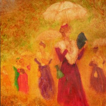 Painting titled ""Arlésiennes aux év…" by Jean Xavier Combe, Original Artwork, Oil Mounted on Wood Stretcher frame