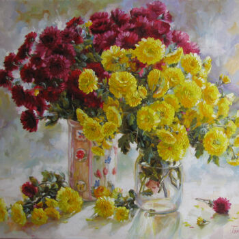 Painting titled "Chrysanthemums" by Julia Tomesko, Original Artwork, Oil
