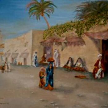 Painting titled "Village Street" by L'Orientaliste, Original Artwork, Oil