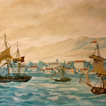 Painting titled "vue-rade-de-saint-d…" by Les Décors Des Mers Du Sud, Original Artwork