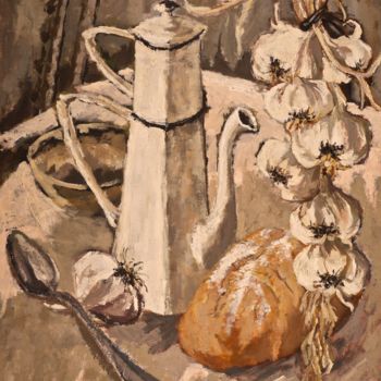 Peinture intitulée "Cafetière et ail (L…" par Dominique Bertrand, Œuvre d'art originale, Huile