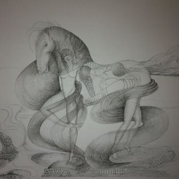 Drawing titled "Danse avec des ruba…" by Bega, Original Artwork, Ink