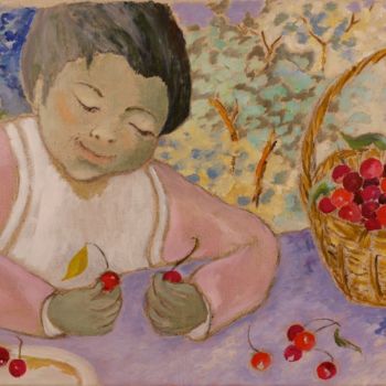 Peinture intitulée "L'enfant aux cerise…" par Dominique Bertrand, Œuvre d'art originale, Huile