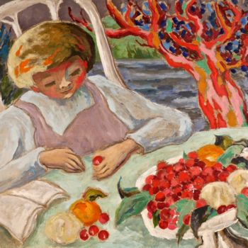 Peinture intitulée "Enfant aux cerises" par Dominique Bertrand, Œuvre d'art originale, Huile