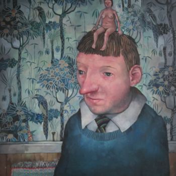 Pintura intitulada "Quinie perched on l…" por Rory Mitchell, Obras de arte originais, Óleo Montado em Armação em madeira