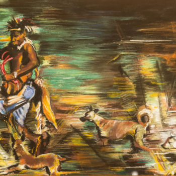 Dessin intitulée "Danse avec les chie…" par Maryse Renault, Œuvre d'art originale, Pastel