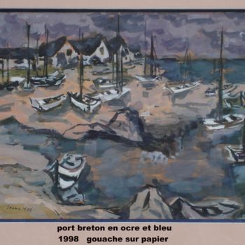 Peinture intitulée "port breton en ocre…" par Ioana, Œuvre d'art originale, Gouache