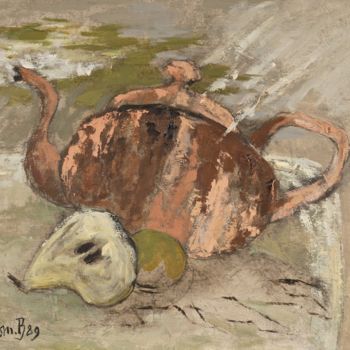 Peinture intitulée "Théière rose et poi…" par Dominique Bertrand, Œuvre d'art originale, Huile