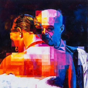 Painting titled "L'abbraccio" by Assunta Cassa, Original Artwork, Oil Mounted on Wood Stretcher frame