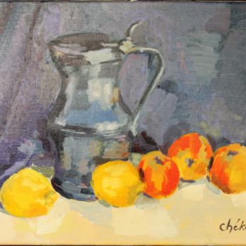 Peinture intitulée "Pot en étain et pom…" par Chéker, Œuvre d'art originale, Huile Monté sur Châssis en bois