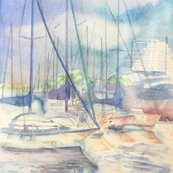 Peinture intitulée "Marina Baie des Ang…" par Olivier Follin, Œuvre d'art originale, Aquarelle