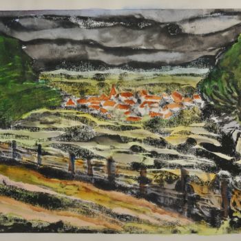 Peinture intitulée "les toits du village" par Philip Moreau, Œuvre d'art originale, Encre