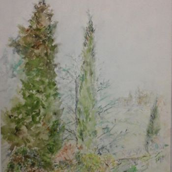 Peinture intitulée "Les cyprès du jardin" par Catherine Claude, Œuvre d'art originale, Aquarelle