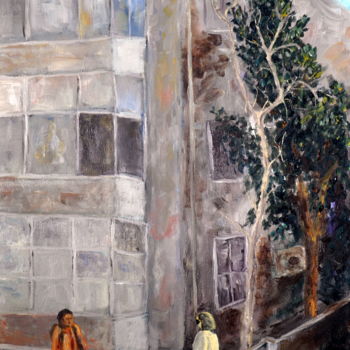 Schilderij getiteld "house in Tel Aviv" door Asher, Origineel Kunstwerk, Olie Gemonteerd op Frame voor houten brancard