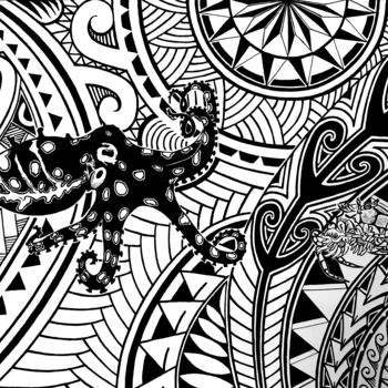 Drawing titled "Octopus and Crab in…" by Nando Poluakan, Original Artwork, Ballpoint pen
