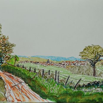 Peinture intitulée "Semelay - le bourg…" par Philip Moreau, Œuvre d'art originale, Encre