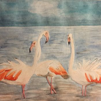 Malerei mit dem Titel "Flamants - non rose…" von Gudrun Sageder, Original-Kunstwerk, Aquarell
