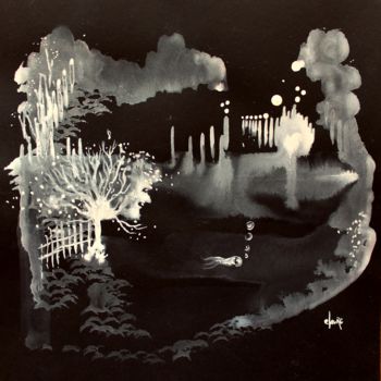 Peinture intitulée "Mon drôle d'ami - e…" par Clau Redier-Clément, Œuvre d'art originale, Encre Monté sur Autre panneau rigi…