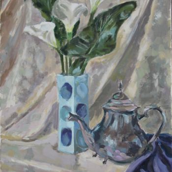 Ζωγραφική με τίτλο "Vase bleu, fleurs a…" από Chéker, Αυθεντικά έργα τέχνης, Λάδι Τοποθετήθηκε στο Ξύλινο φορείο σκελετό