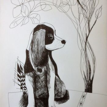 Drawing titled "Dog and tree" by Janna Shulrufer, Original Artwork, Gel pen