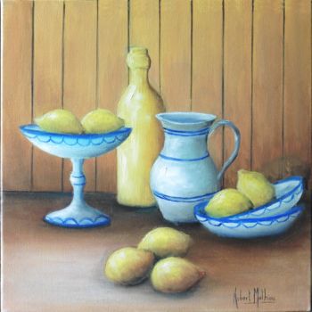 Painting titled "Les Citrons" by Hubert Mathieu, Original Artwork, Oil