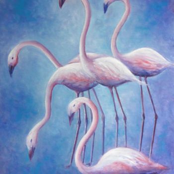 Painting titled "Les Flamants Rose" by Hubert Mathieu, Original Artwork, Oil