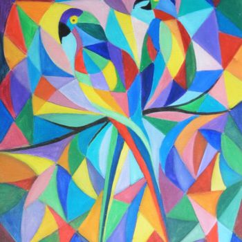 Painting titled "Quadrichromie d'aras" by Hubert Mathieu, Original Artwork, Oil
